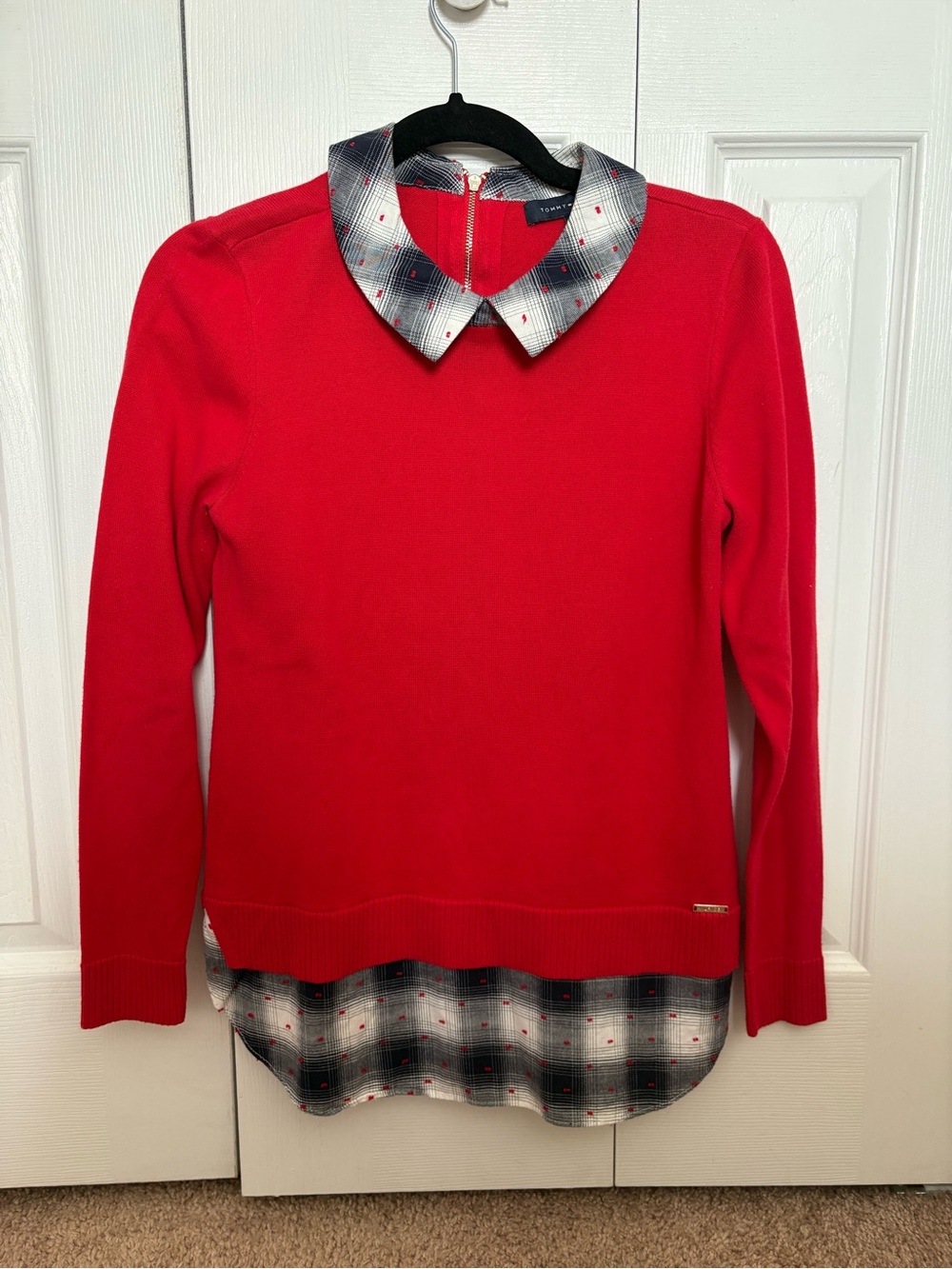 Tommy Hilfiger Red Layered-Look Sweater with Plaid Collar and Hem